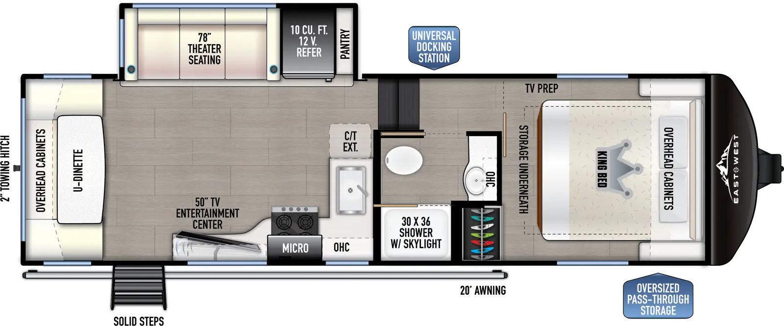 The 26RD has one slideout and one entry. Exterior features an oversized pass through storage, universal docking station, MORryde Steps, 20 foot awning, and 2 inch towing hitch. Interior layout front to back: foot-facing king bed with storage underneath, overhead cabinets, off-door side TV prep, and door side closet; door side full bathroom with overhead cabinet and shower with skylight; steps down to main living area; off-door side slideout with 12V refrigerator, pantry, and theater seating; kitchen counter with sink and extension wraps along inner wall to door side with cooktop, microwave, entertainment center with TV, and entry; rear u-dinette with overhead cabinets.